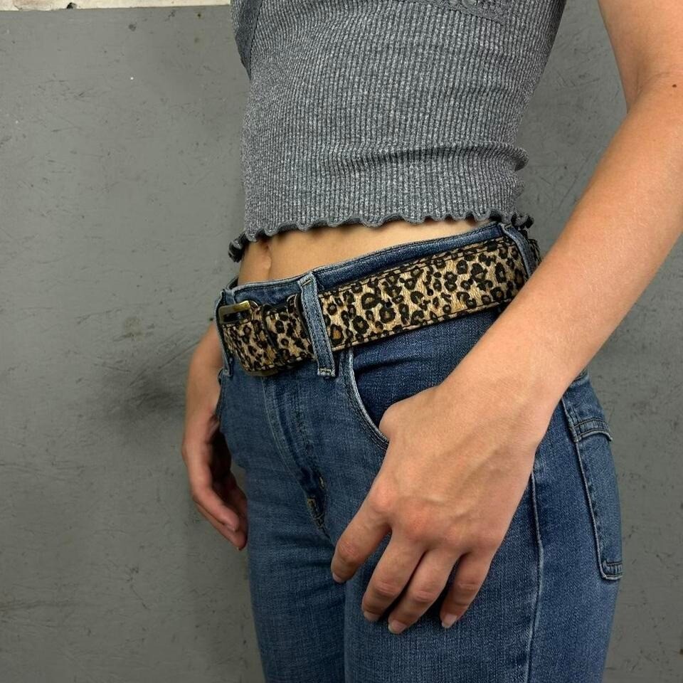 Vintage Style Cheetah Leopard Fur Belt American Western Boho Black and Tan