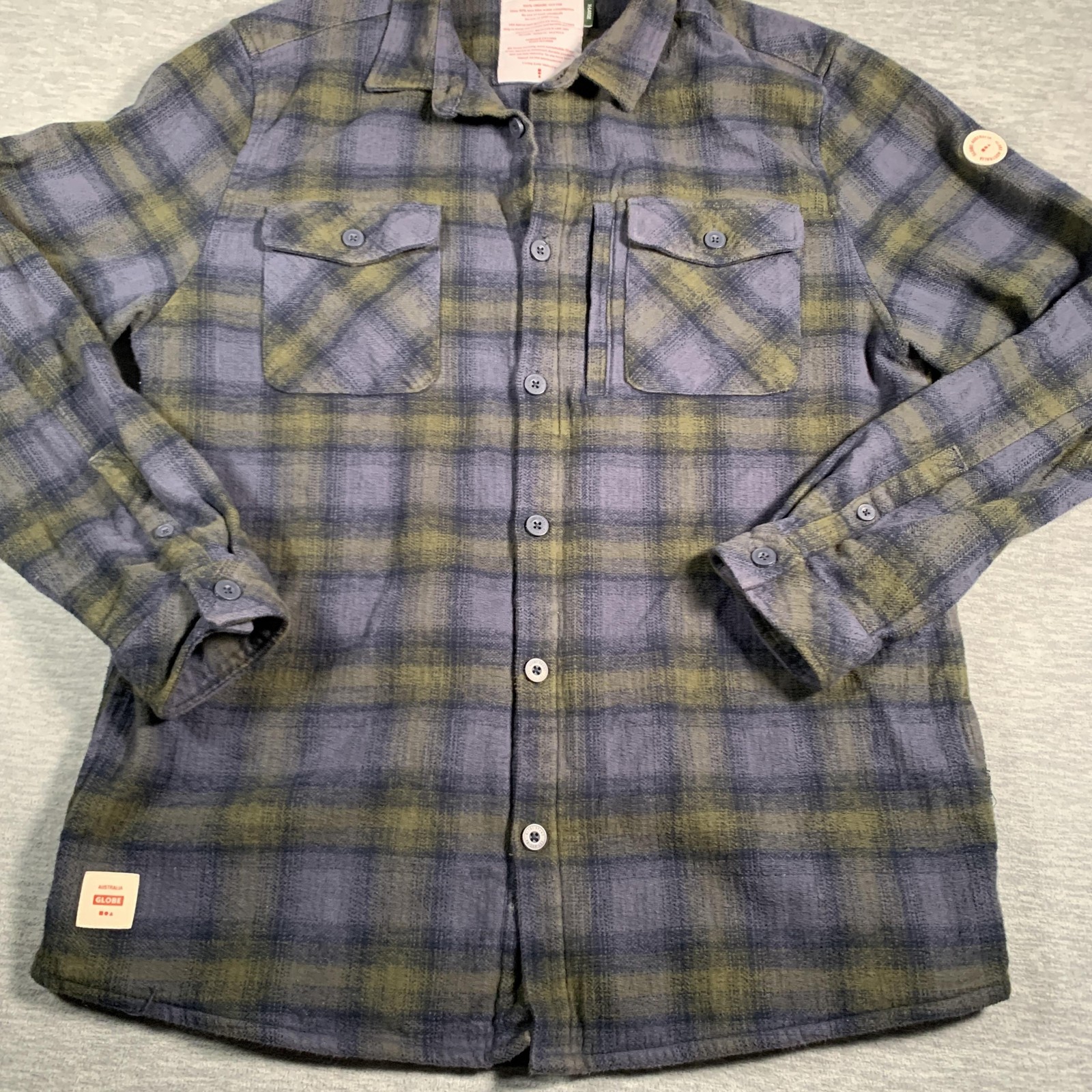 Globe Wanderer Shacket Shirt Mens XL Blue Green Plaid Organic Cotton Button Up