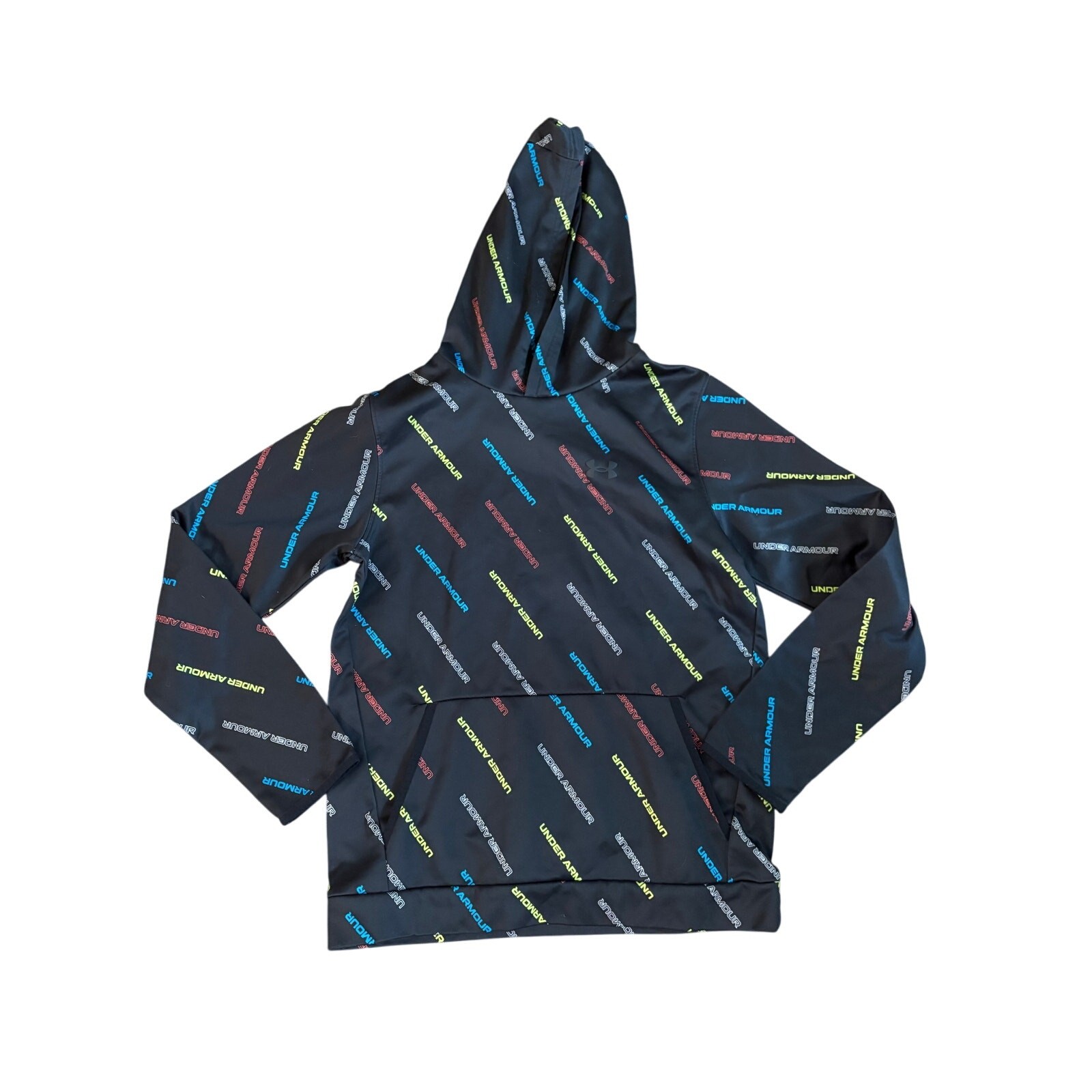 Under Armour Cold Gear Youth’s XL Black All Over Print Graphic Spell Out EUC