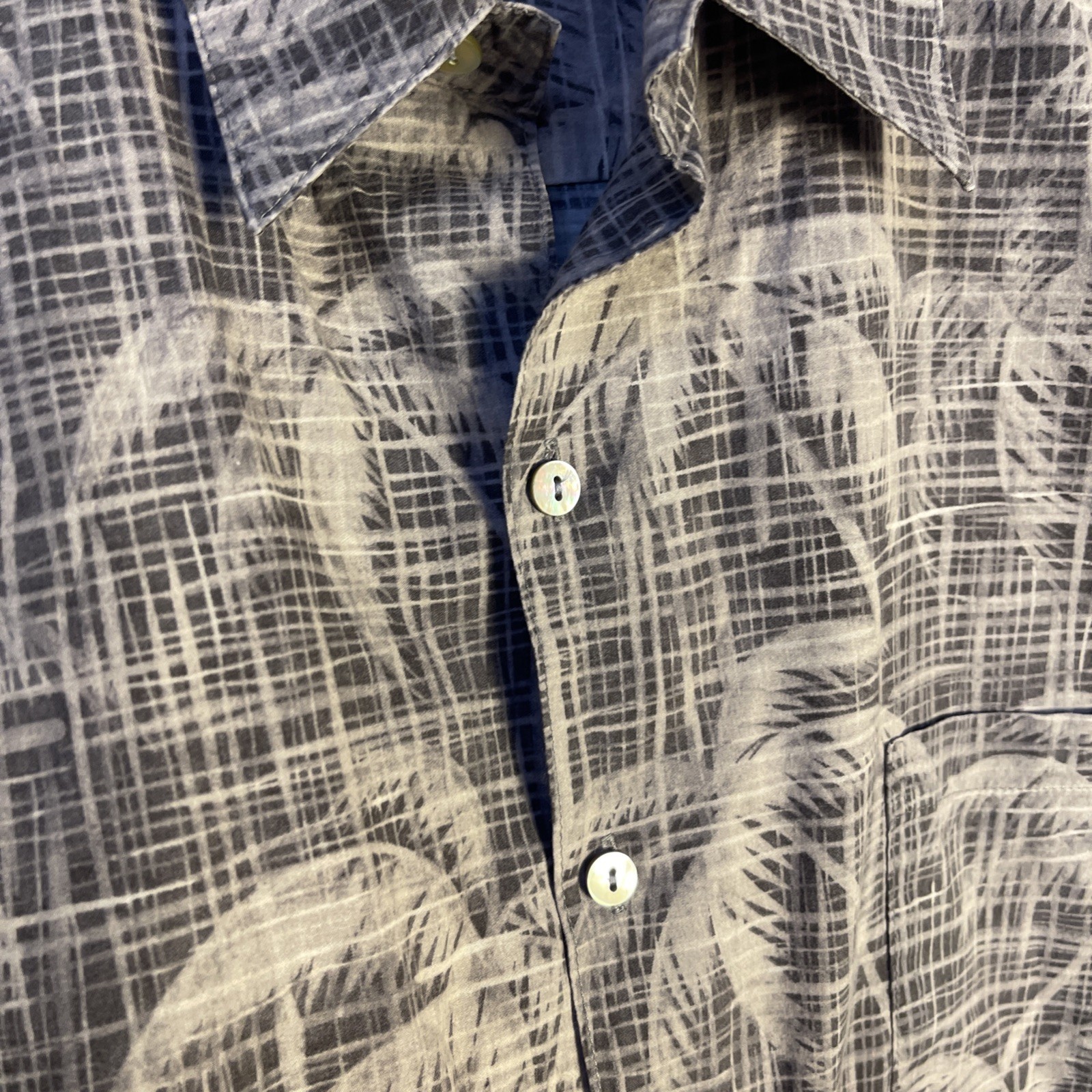 Tori Richard Shirt ens L Grey Palm Grid Cotton Lawn Aloha Hawaiian Made in USA