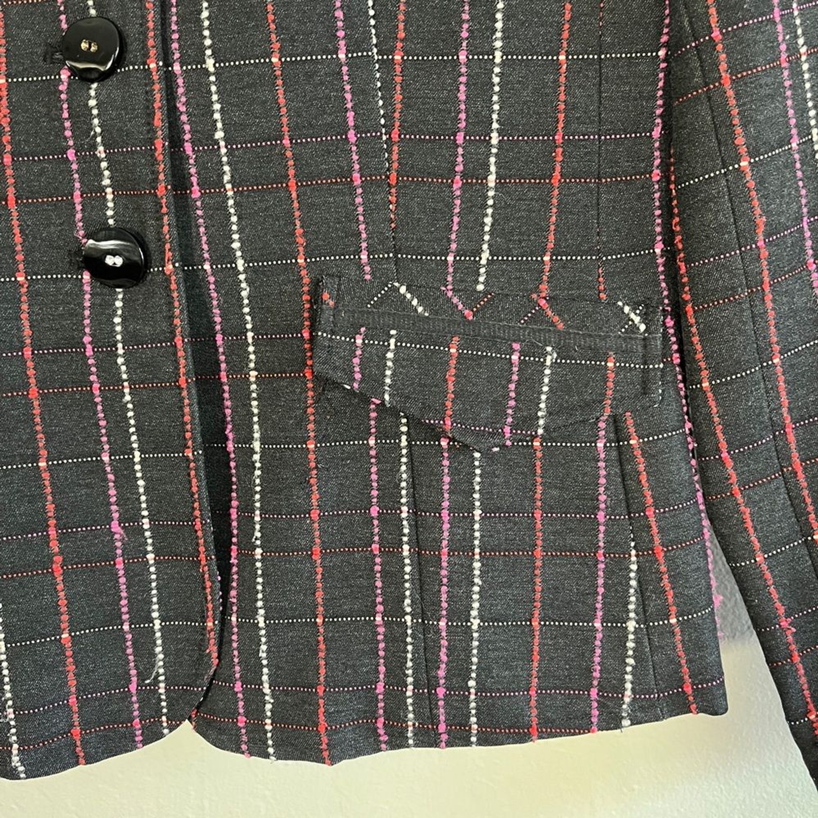 Vintage Requirements Blazer Black Tweed Pink, Red White Threads Single Breast 12