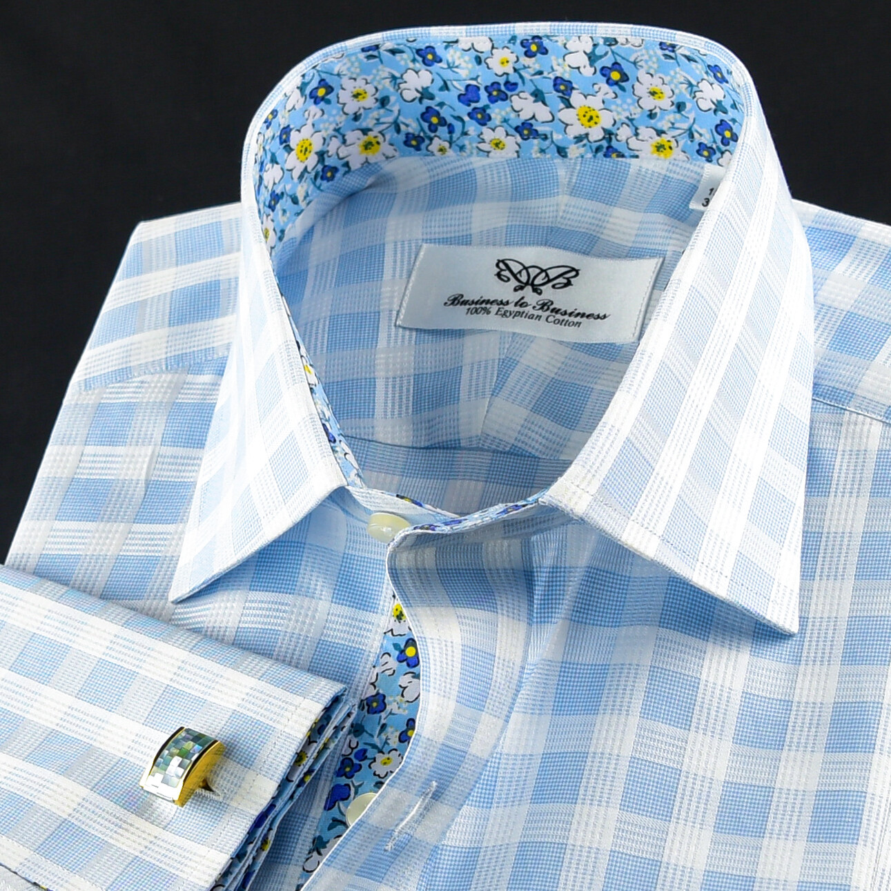 Blue Check Formal Business Dress Shirt Wih Blue Floral Inner Lining Double Cuff