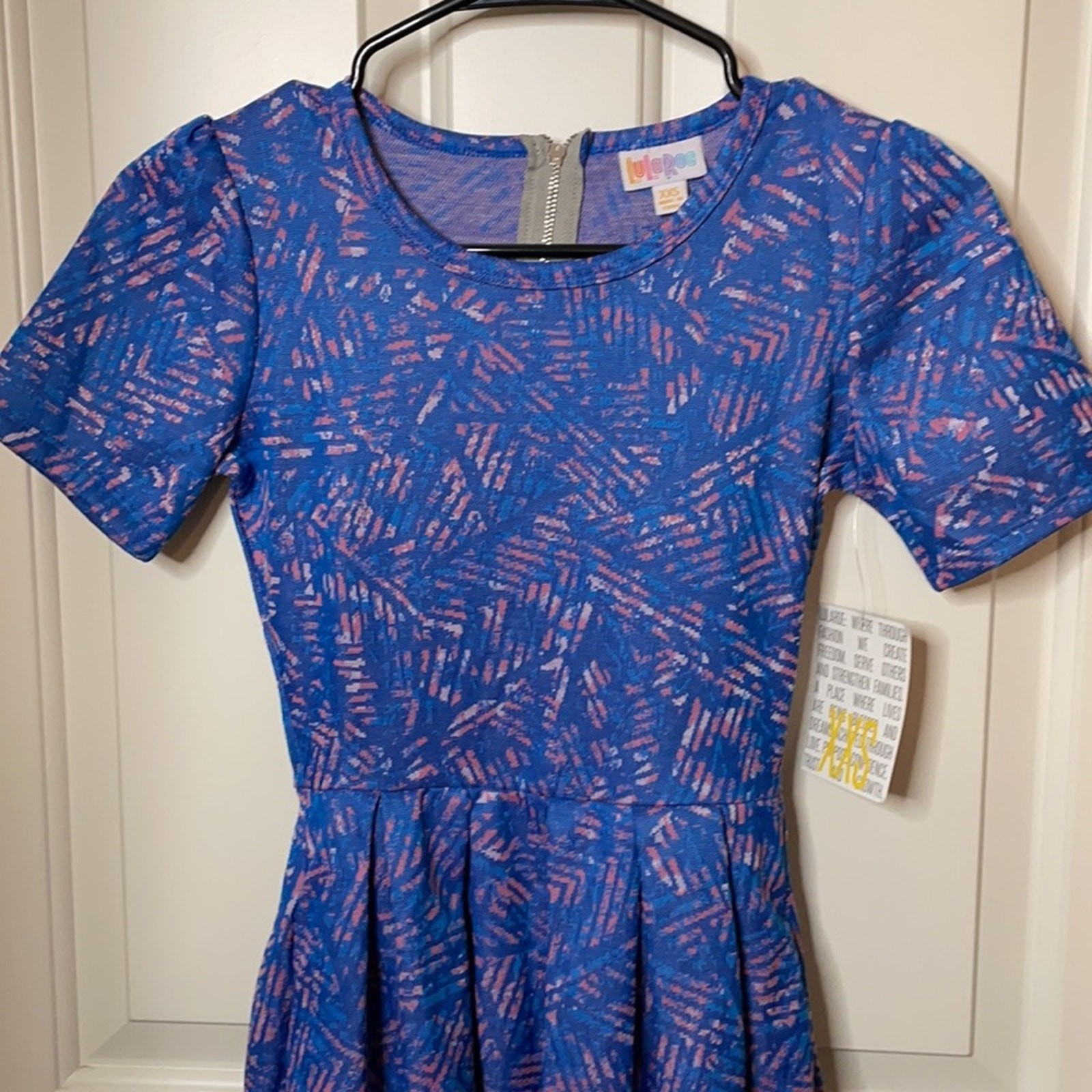 LuLaRoe Amelia Dress XXS Blue Chevron Fit & Flare Pleated Pockets NWT