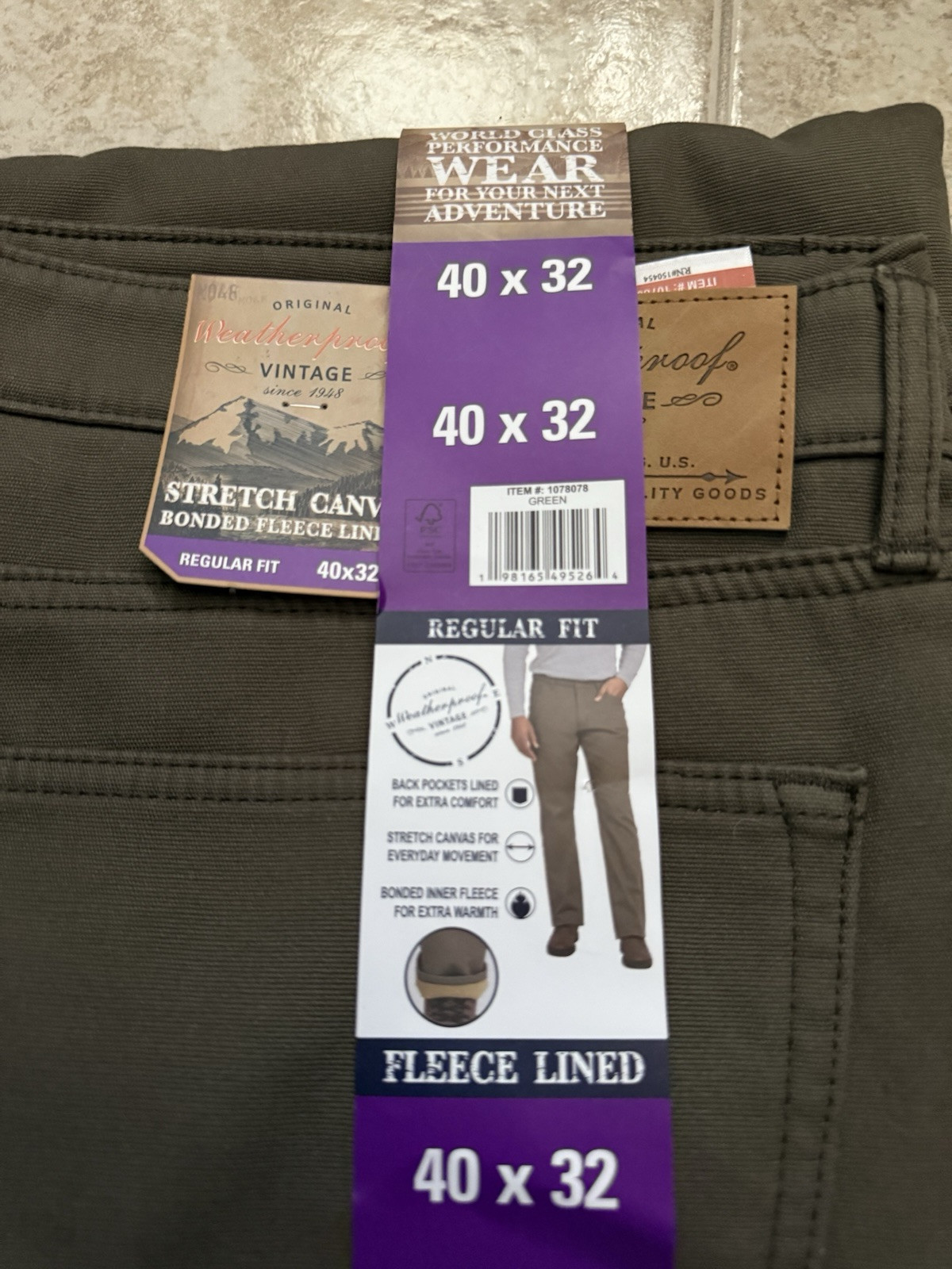 Weatherproof Vintage Men Fleece Lined Pant 40×32 Stretch Canvas Green