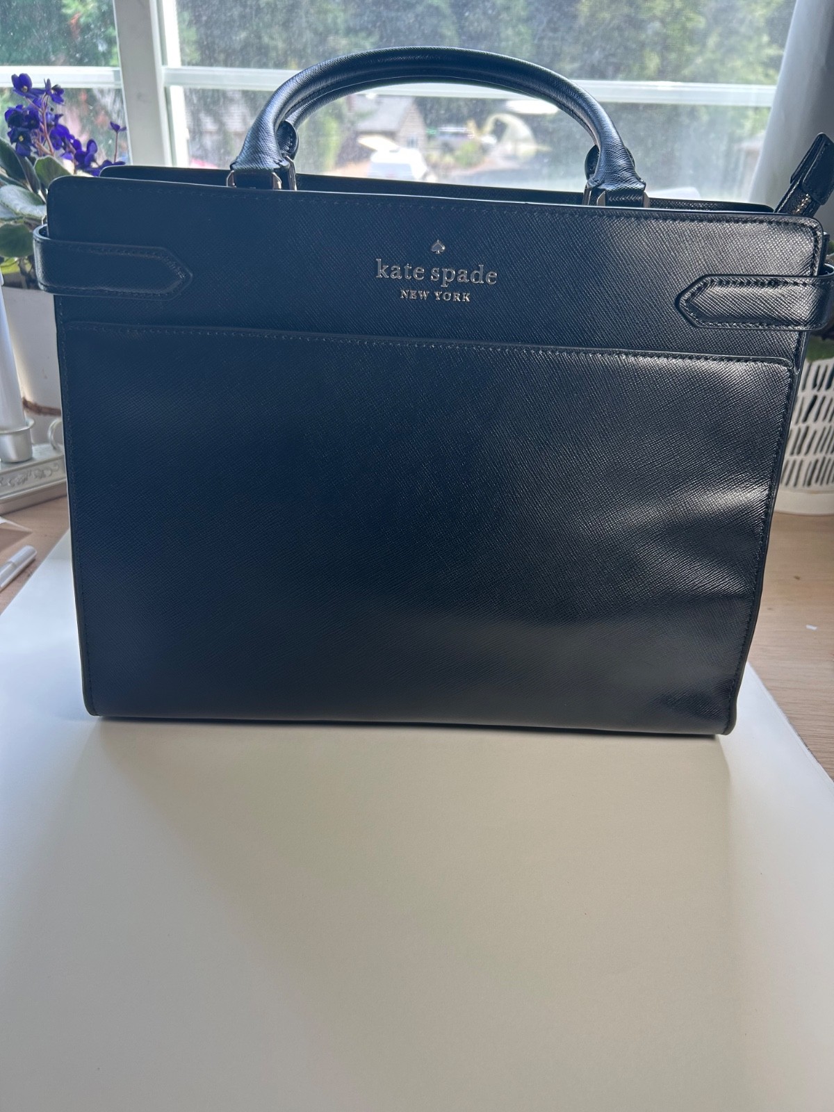 Kate Spade Black Saffiano Leather Staci Large Satchel Tote Bag Silver Hardware