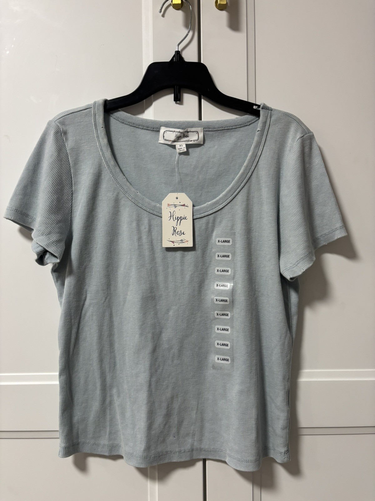 NWT Hippie Rose Ribbed Distressed Short Sleeve Tee Light Blue Juniors Sz XL