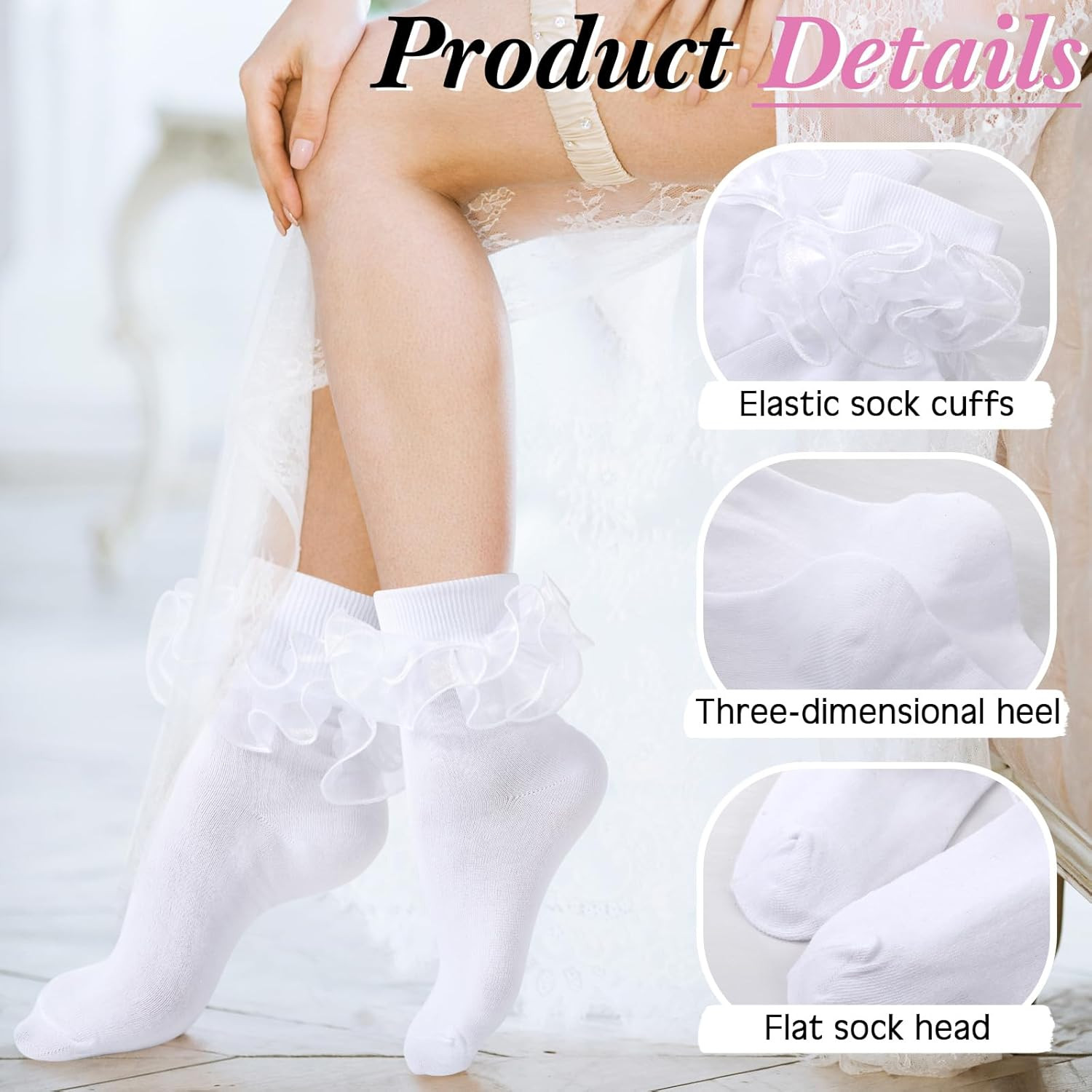 3 Pairs Women Big Ruffle Socks Turn Cuff, Double Lace Ankle Cotton Frilly Socks