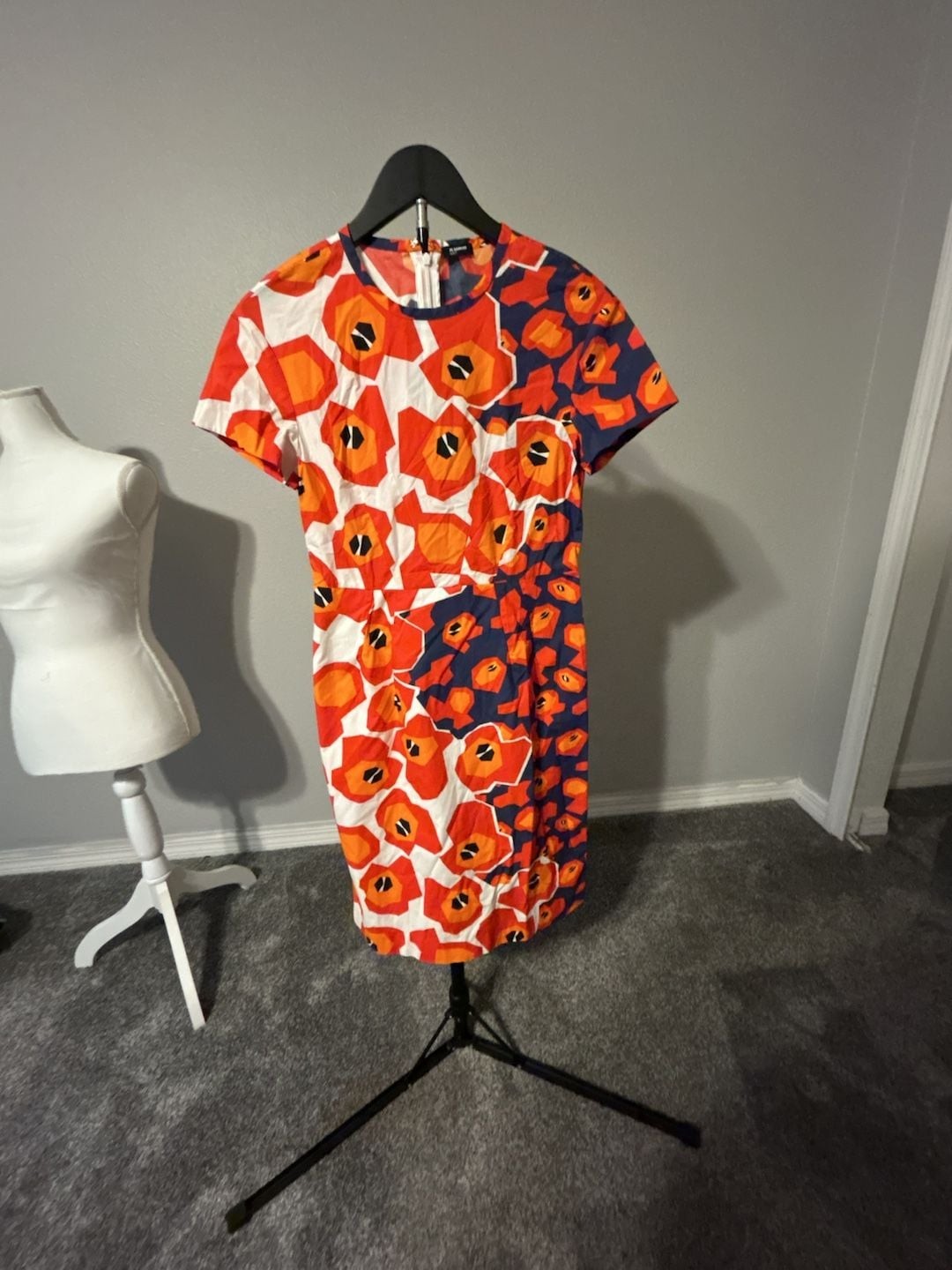 Jil Sander Navy Abstract Geometric Floral Print Cotton Sheath Dress