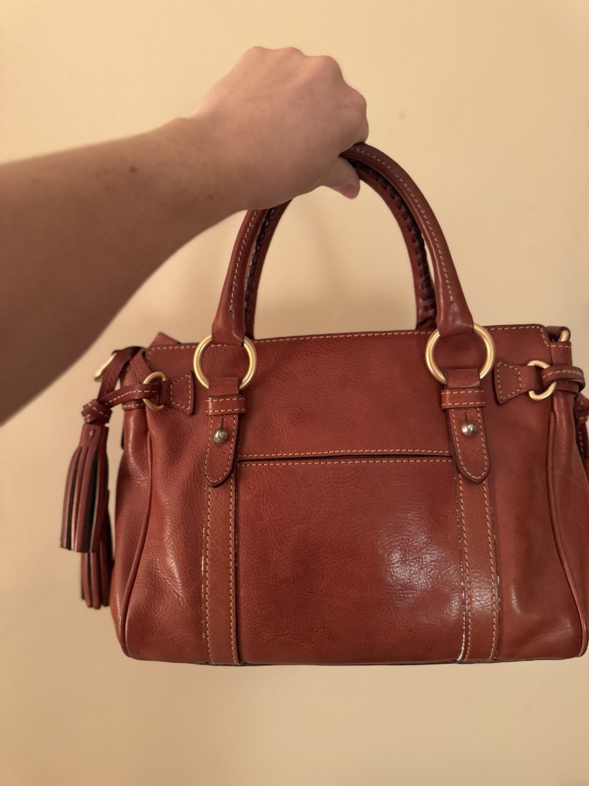 Dooney & Bourke Brown Pebbled Satchel Top Handle Zip Tassel Gold Hardware