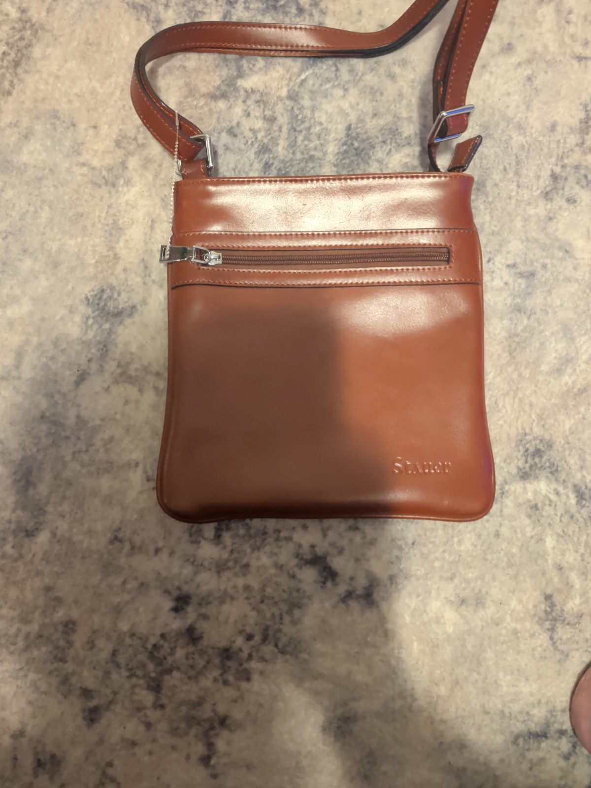 Stauer Brown Leather Shoulder Purse Bag Adj Strap Zip Close 10×9