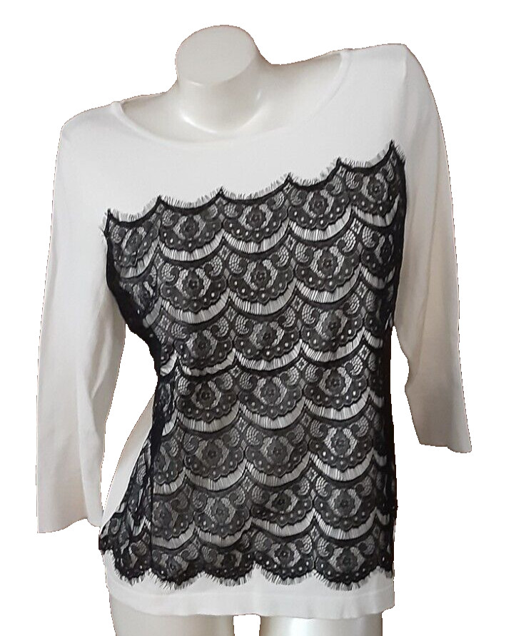 Roz & Ali White Tee Black Scalloped Lace Overlay Bracelet Sleeves Misses M NWT