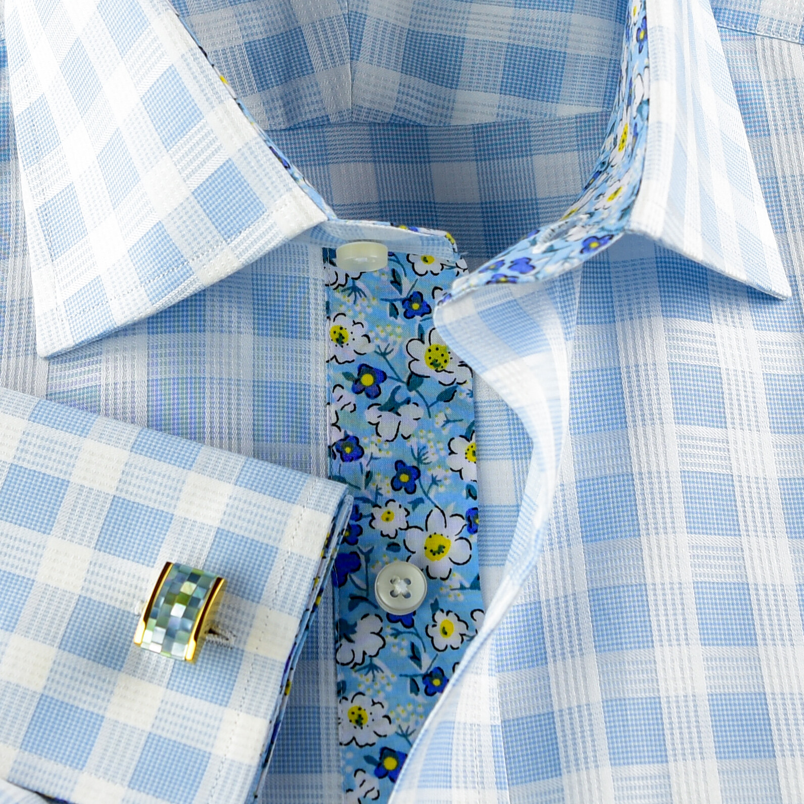 Blue Check Formal Business Dress Shirt Wih Blue Floral Inner Lining Double Cuff