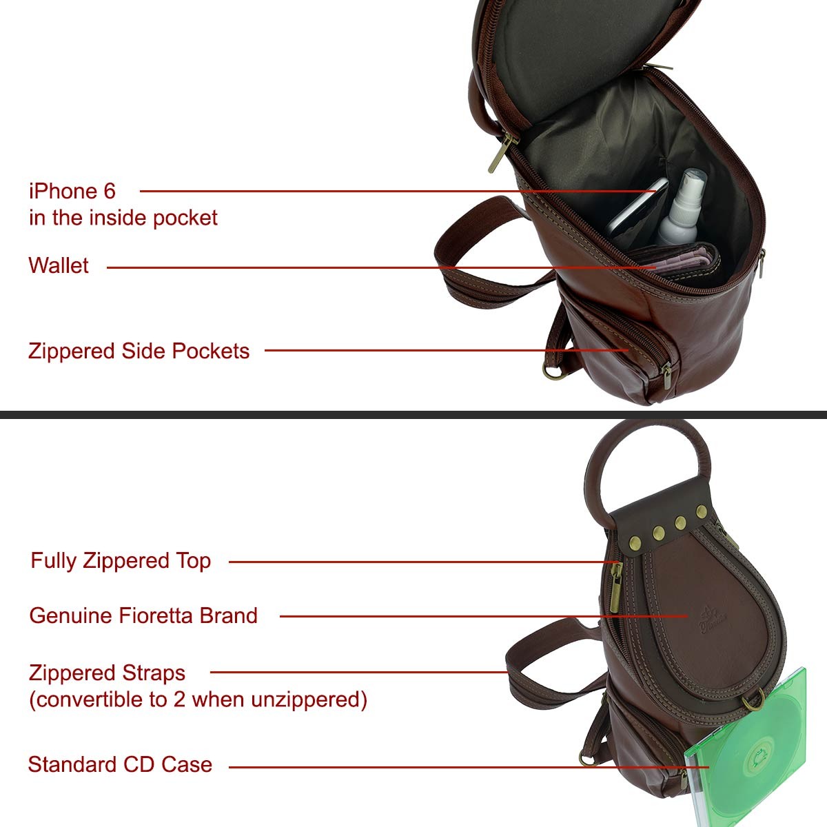 Fioretta Italian Genuine Leather Top Handle Backpack Handbag Shoulder Bag For Wo