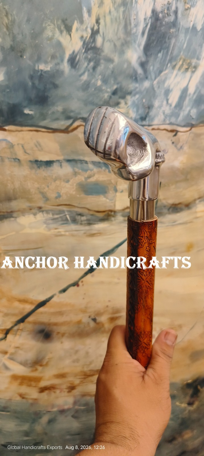 Handmade Punch Handle Leather embossed Nautical Style Wood Costume Walking Stick
