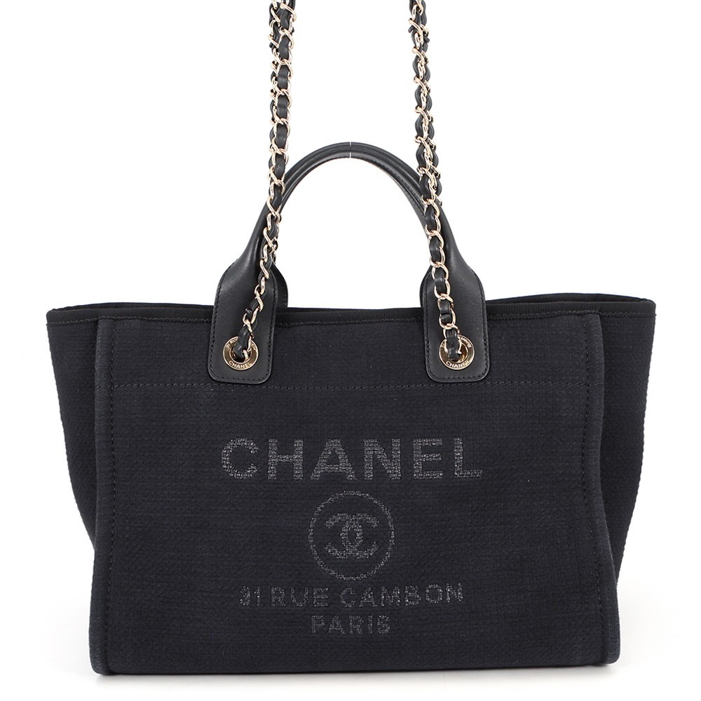 CHANEL Deauville Chain Tote Size Small Canvas/Leather Black AS3257