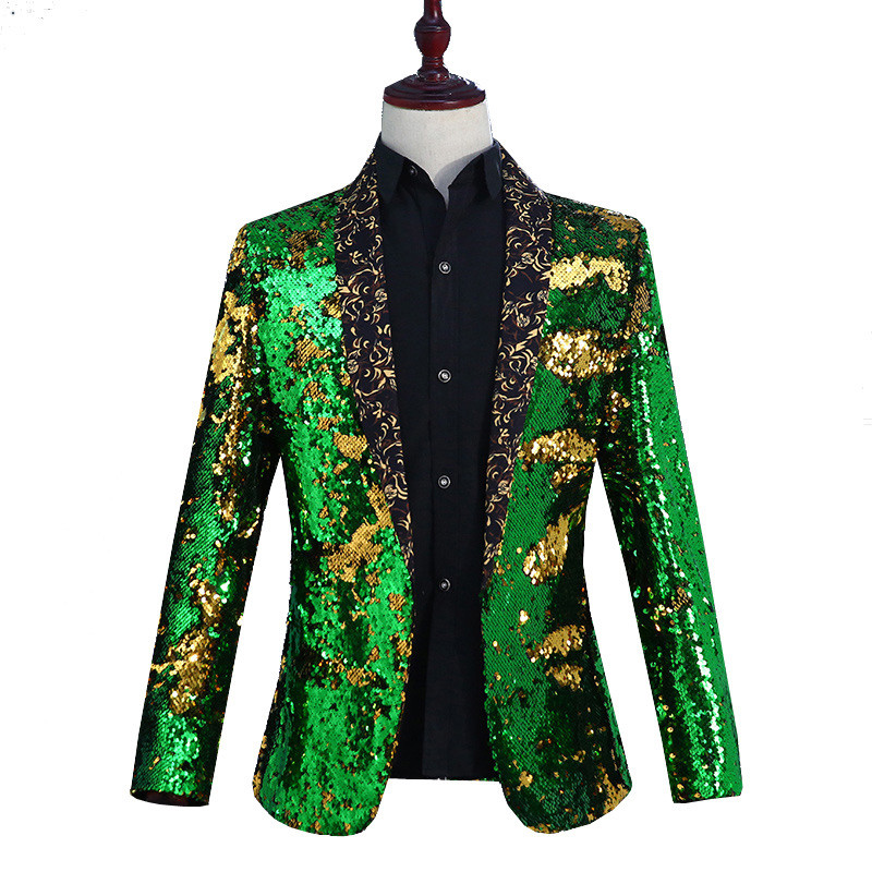 Men Reversible Two Tone Glitter Sequins Suit Jacket Blazer Dance Stage Coat Tops
