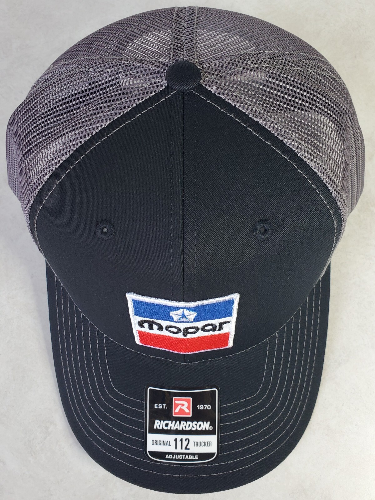 Mopar Embroidered Patch on Richardson 112 Trucker Hat Snapback Black/Charcoal