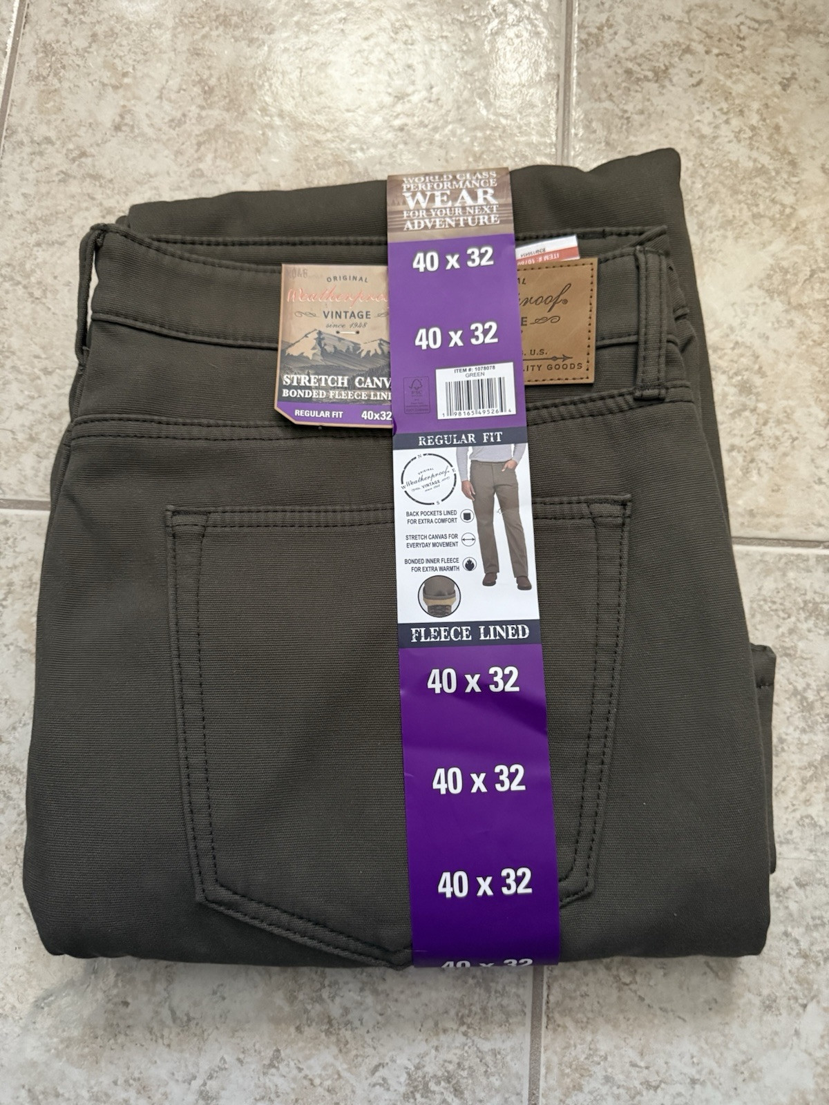 Weatherproof Vintage Men Fleece Lined Pant 40×32 Stretch Canvas Green