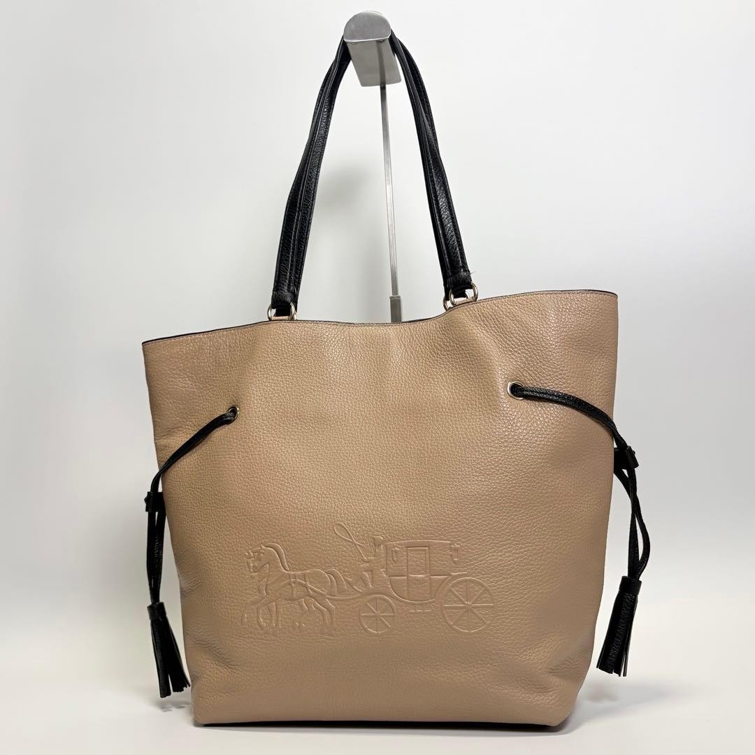 COACH Andy Horse & Carriage Leather Tote Bag Beige Taupe Casual Authentic