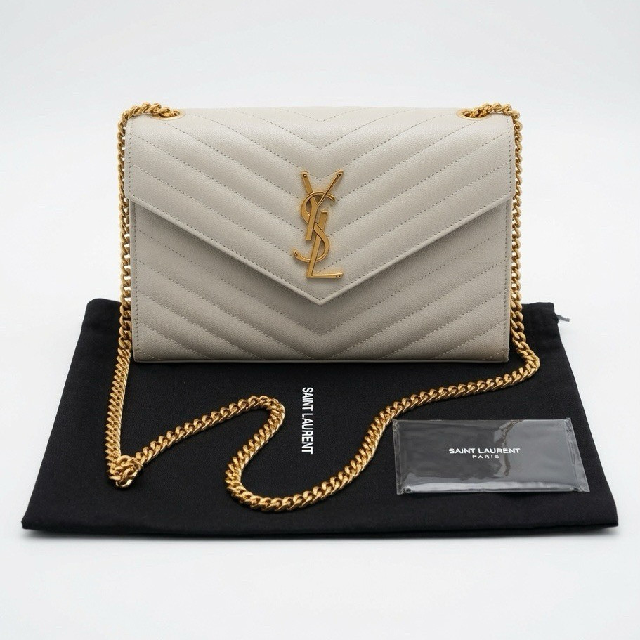 Saint Laurent YSL Quilted Chevron Envelope Shoulder Bag Beige Gold Chain Strap