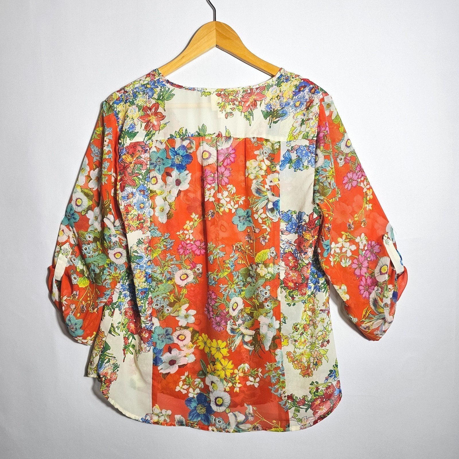 Fig & Flower V-Neck Floral Blouse Top Women Sz L 3/4 Sleeve Pleated