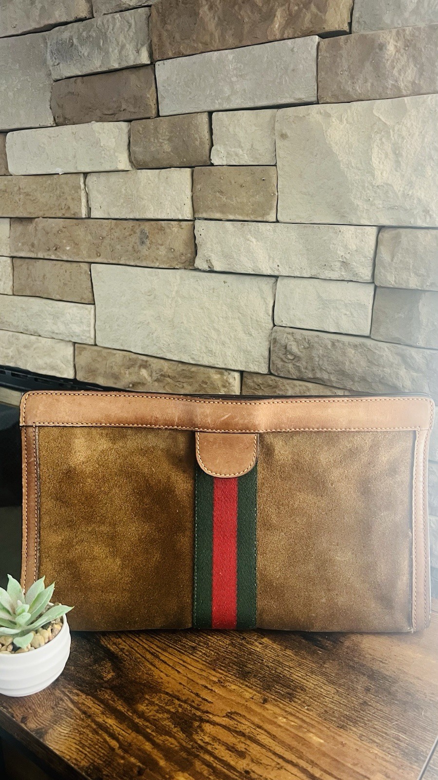 Vintage Gucci Brown Suede Portfolio Clutch Web Stripe GG Monogram Lining Italy
