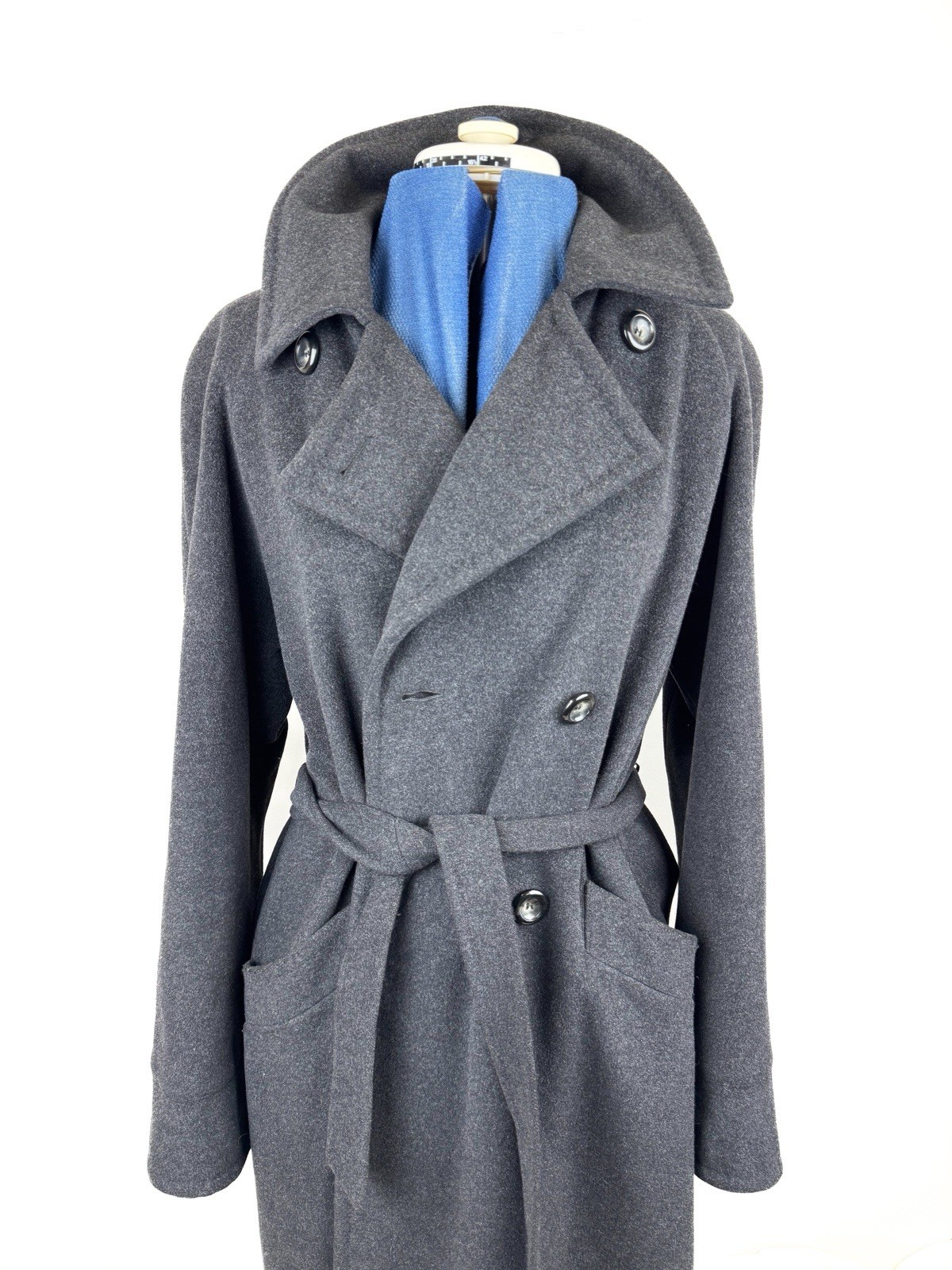 Vintage 90s BHS Virgin Wool Angora Maxi Coat Charcoal Grey Belted Overcoat UK14