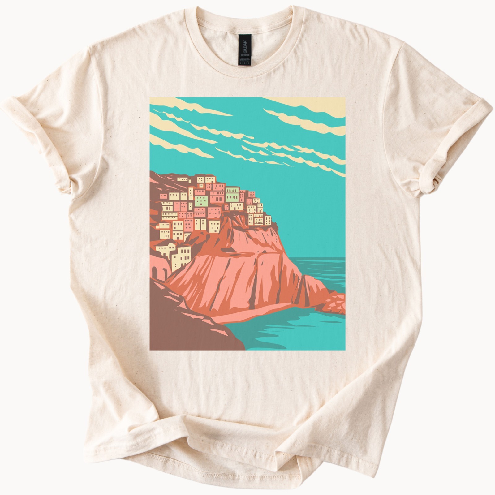Scenic Coastal Town Tee Colorful Cliffside Houses Summer Ocean Graphic Shirt