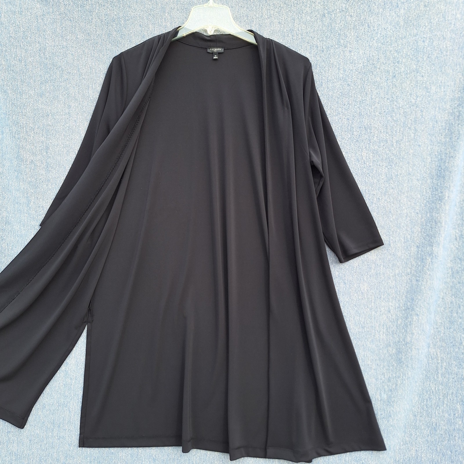 Talbots Cardigan Womens Plus 1X Long Black Open 3/4 Sleeve Duster Wrinkle Free