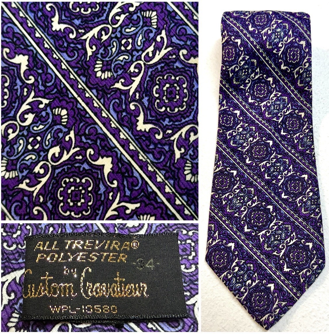 Vintage 70s Custom Cravatieur Trevira Polyester Tie Purple Psychedelic USA Made