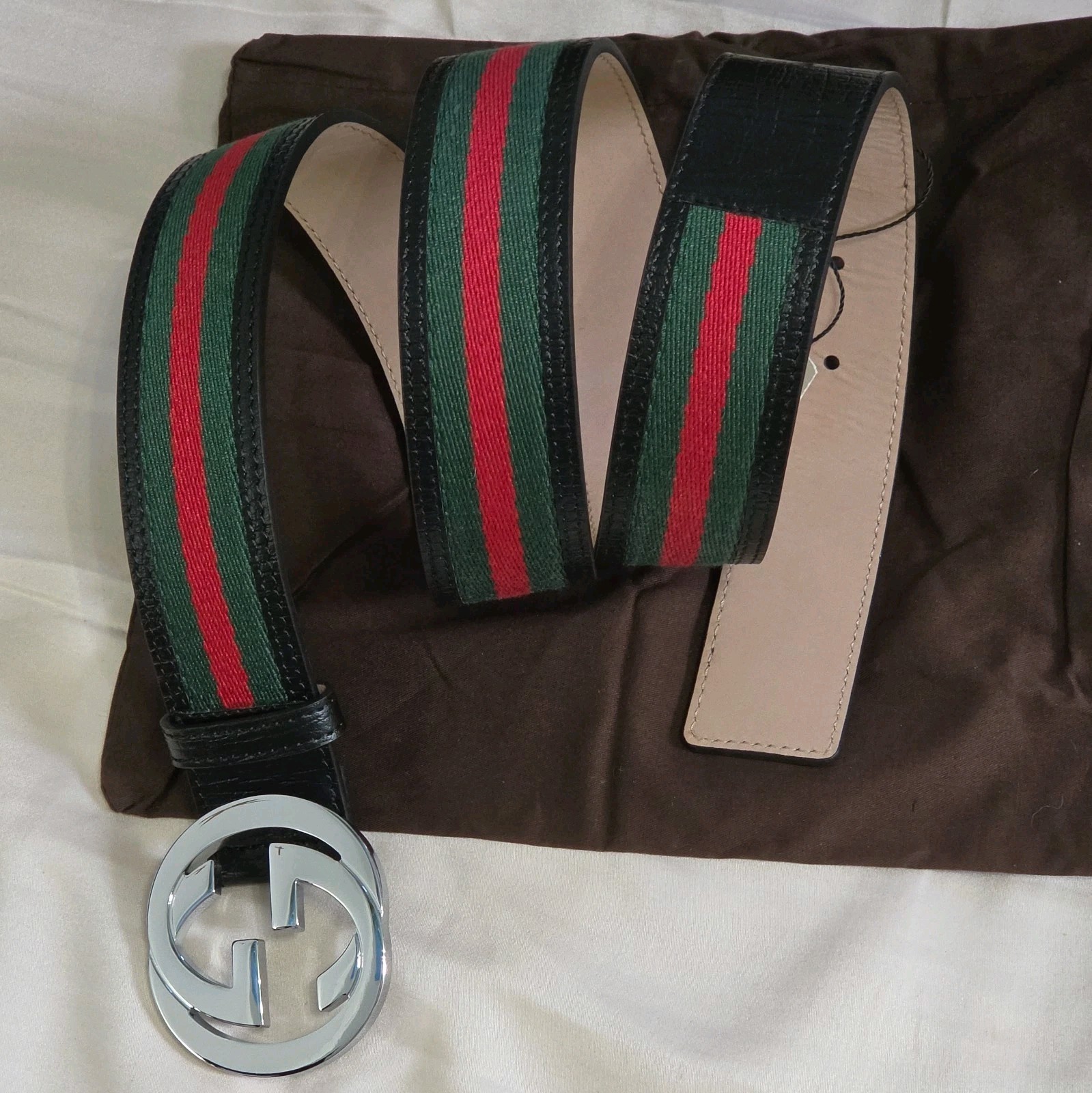 Authentic Gucci Black Green And Red Striped Belt, Men Size 34-36 IT 100CM