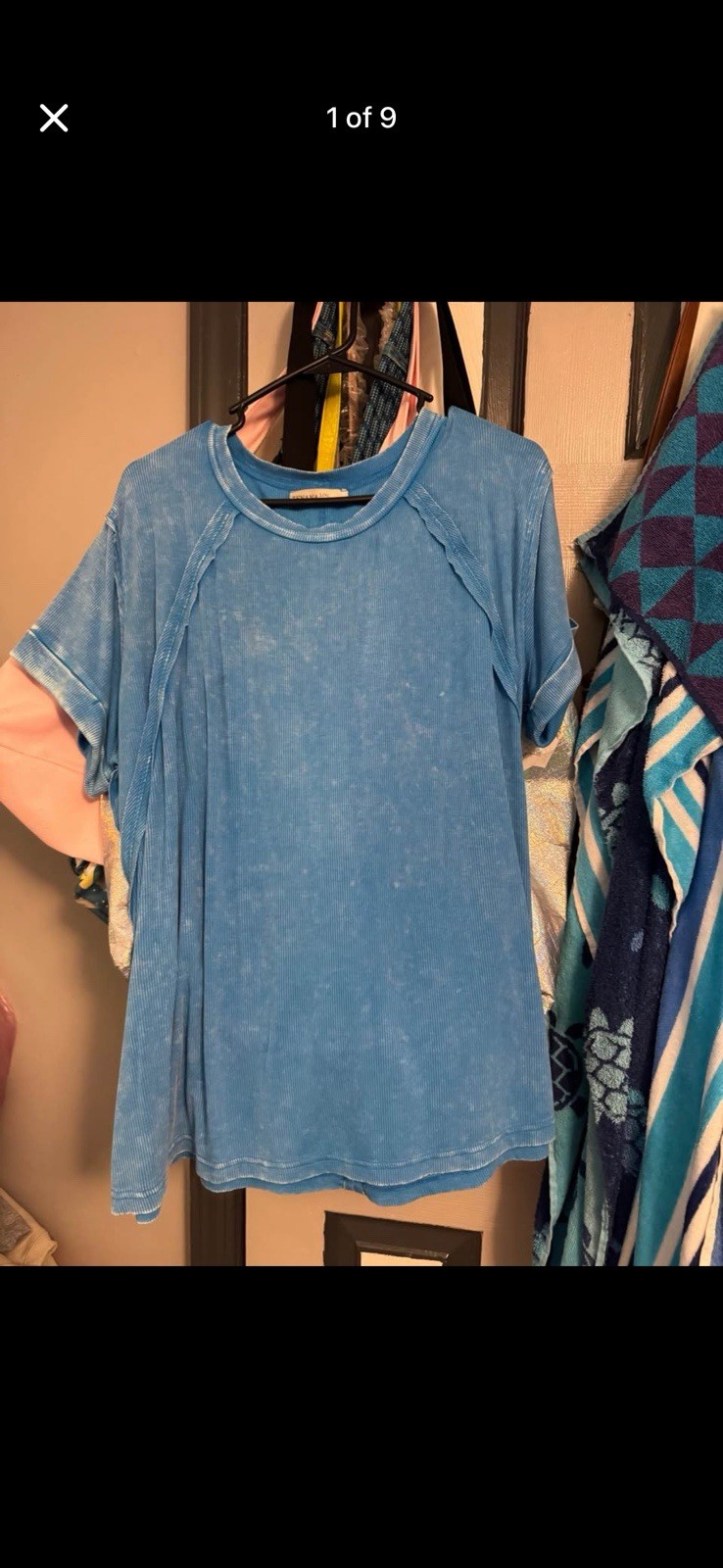 Zenana Blue Solid Knit Crew Neck Short Sleeve Pullover T-Shirt Women L/XL