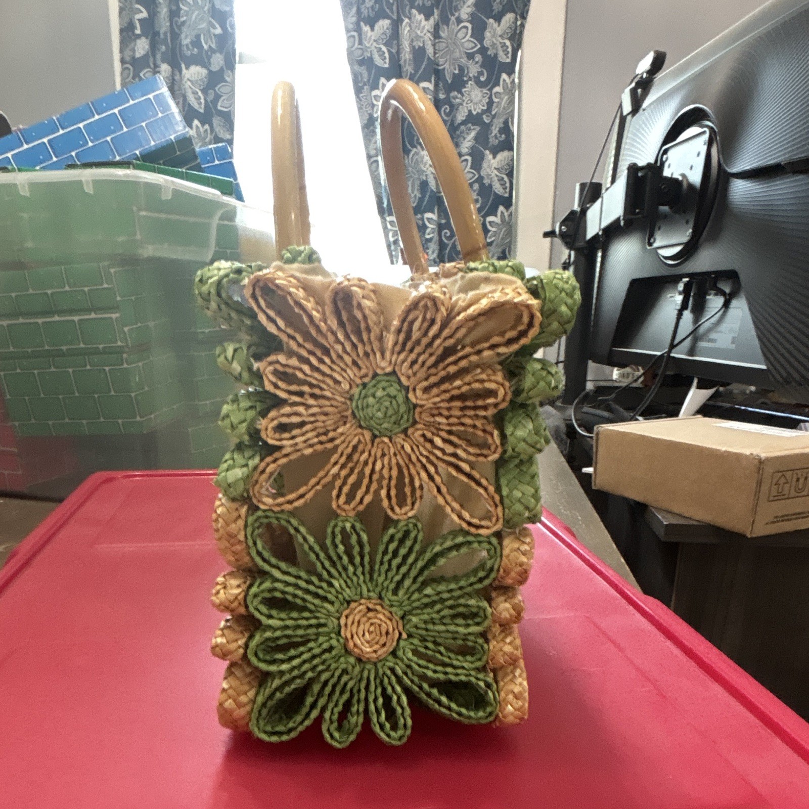 Green Beige Floral Straw Tote Bag Crochet Accents Bamboo Top Handles Lined