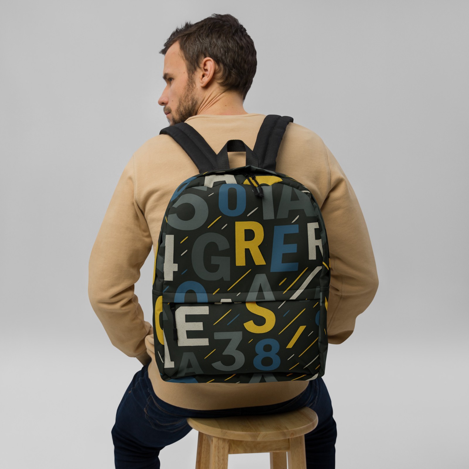 Grey Letter Print Backpack, Aesthetic Typography Design, School & Travel Bag