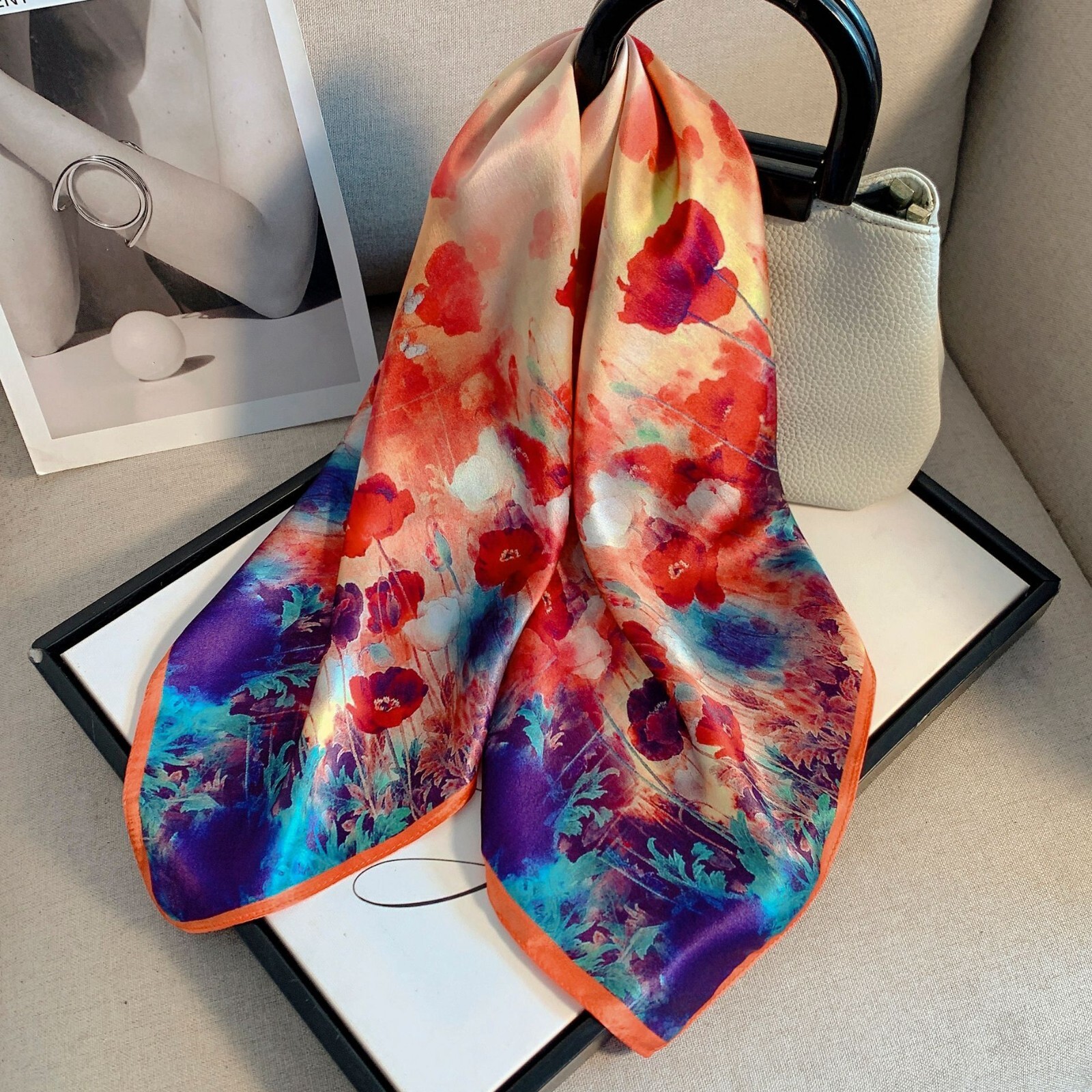 100% Silk Scarf Women Floral Colorful Flower Kerchief Square Bandana Wrap 68cm