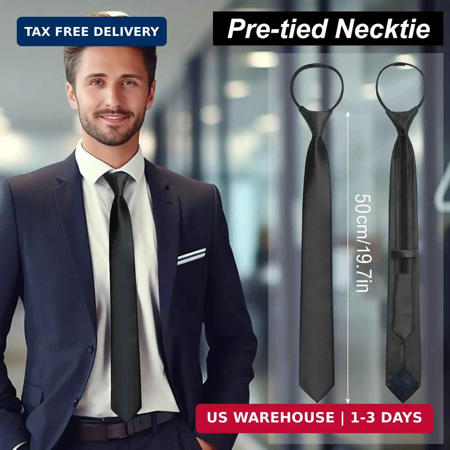 Men’s Pre-Tied Necktie, Adjustable Zipper Skinny Ties for Men, Solid Color Black