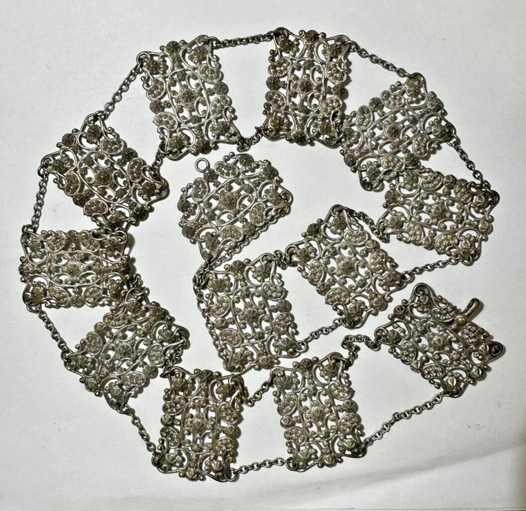 Antique Victorian Floral Etched Repousse Chantelaine Silver t Buckle 30.5″ Belt