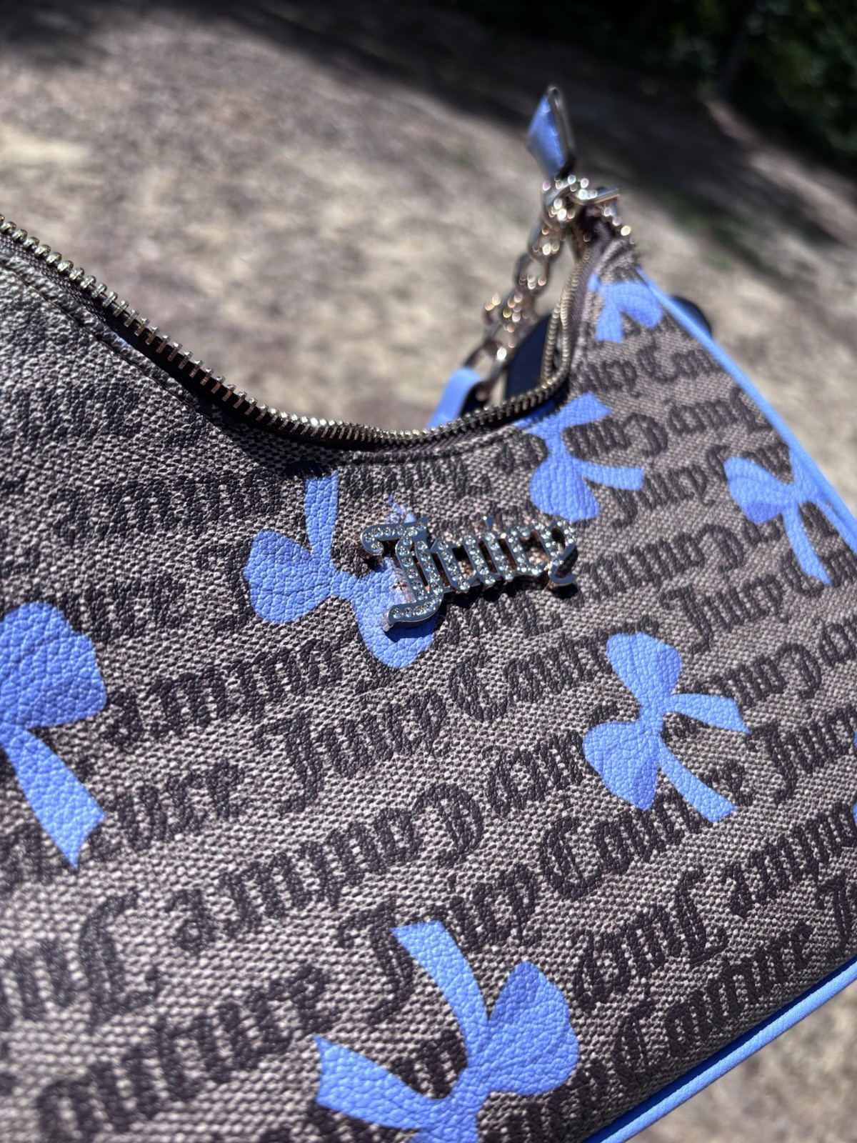Juicy Couture Brown/Blue Logo Bow Print Small Shoulder Bag Chain Strap Zip Charm
