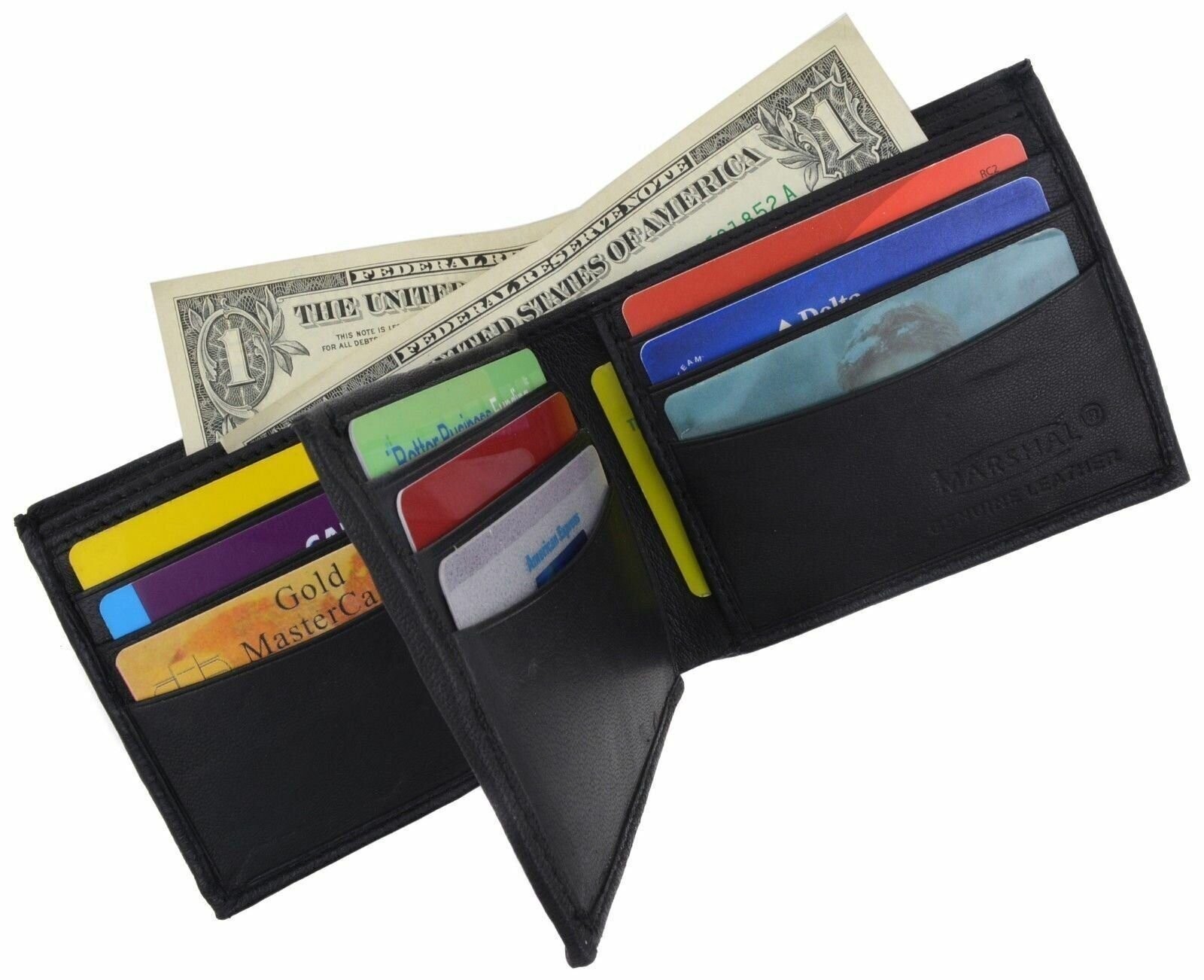 Mens Bifold Center Flap Lambskin Leather Wallet and Credit Card Holder