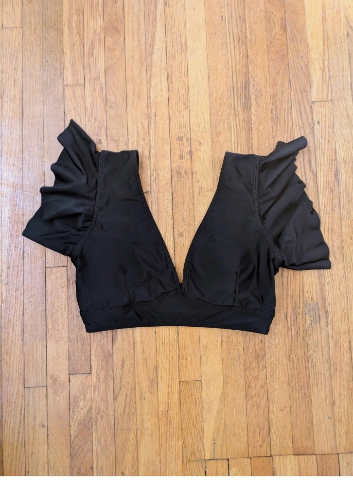 Black Solid Bralette Bikini Swim Top Ruffle Wide Straps Lined Stretch S A b
