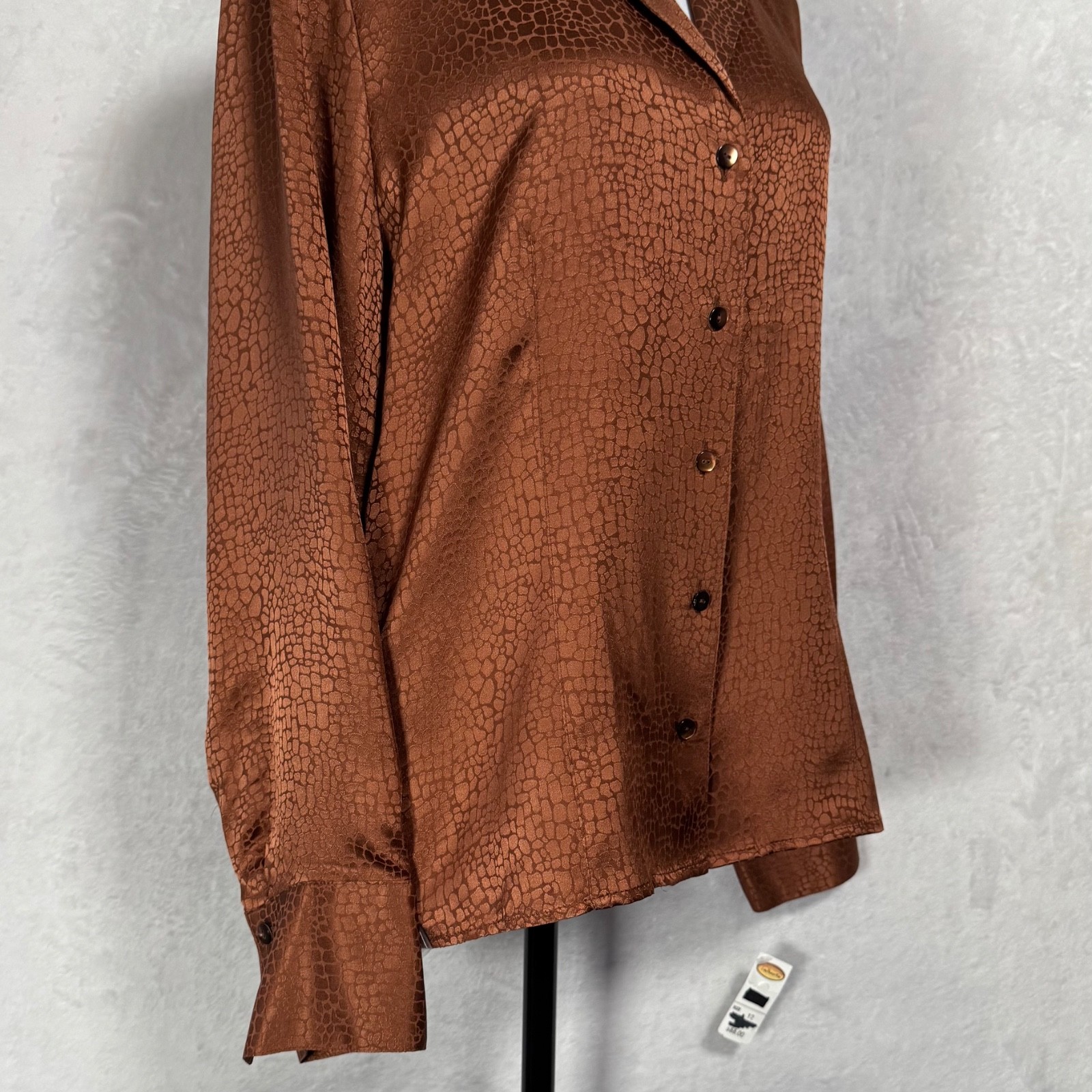 NWT Vintage Talbots 100% Silk Blouse Bronze Copper Top Sz 12 Career Monochrome