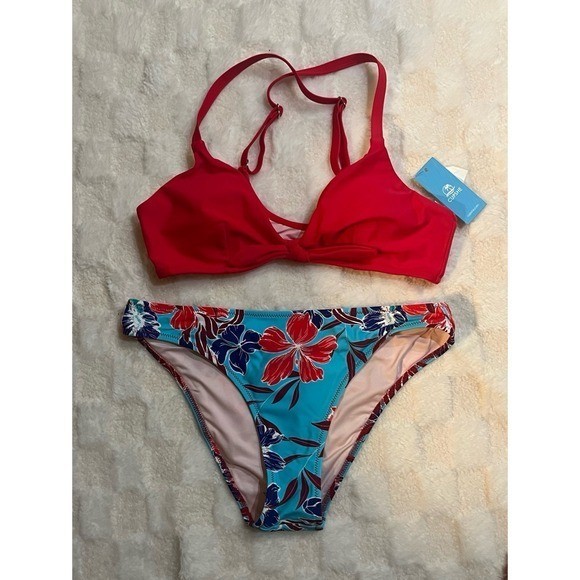 CUPSHE Womens Red Tie Front Bikini Top Blue Floral Print Bottom Two Piece Set