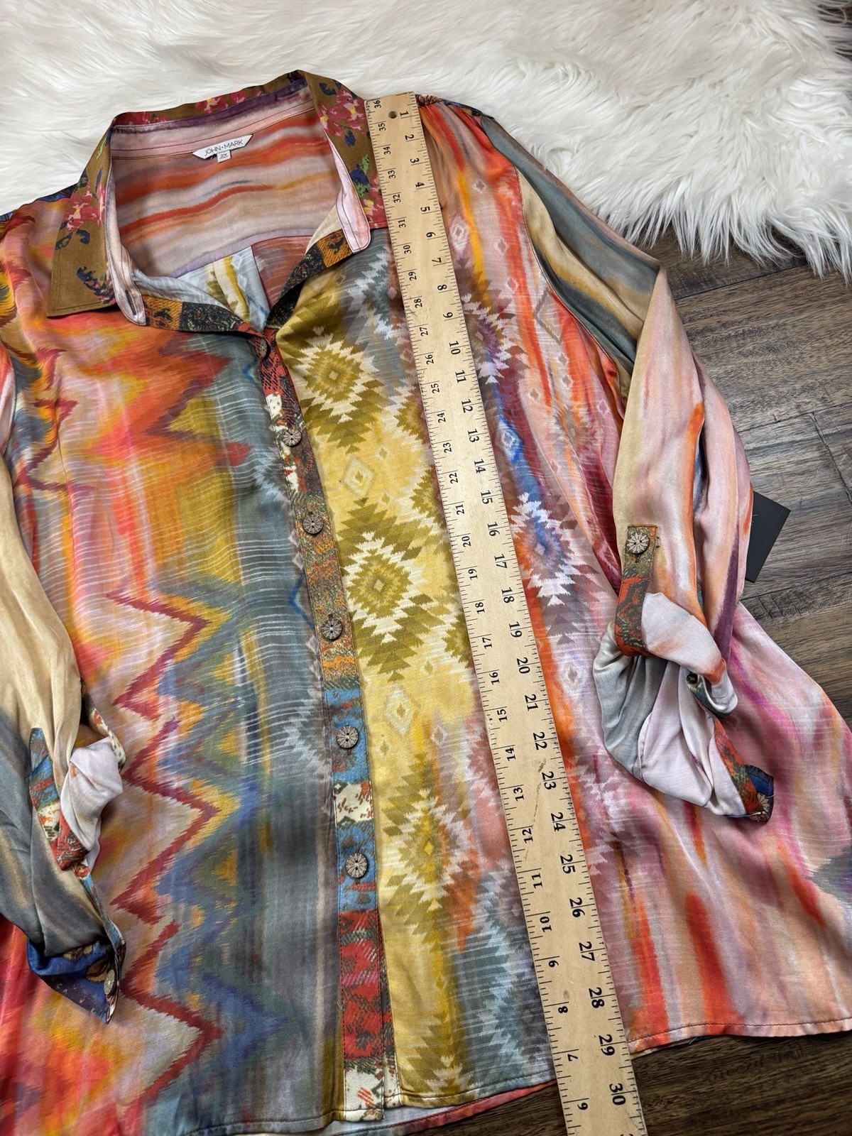 John Mark Size 2X Floral Roll-Tab Sleeve southwestern-inspired multi-print NWT