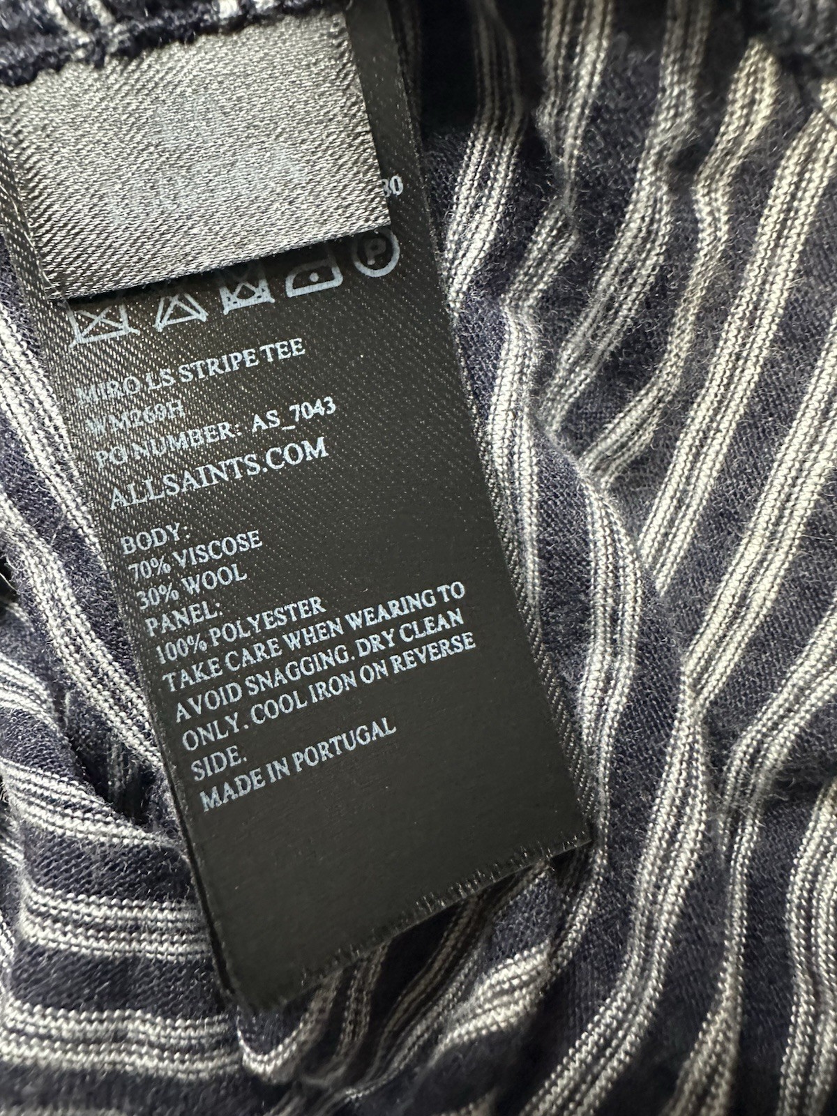 NWT AllSaints Miro Long Sleeve Ink/Chalk Stripe Tee MSRP $105 Viscose Wool Sz 0