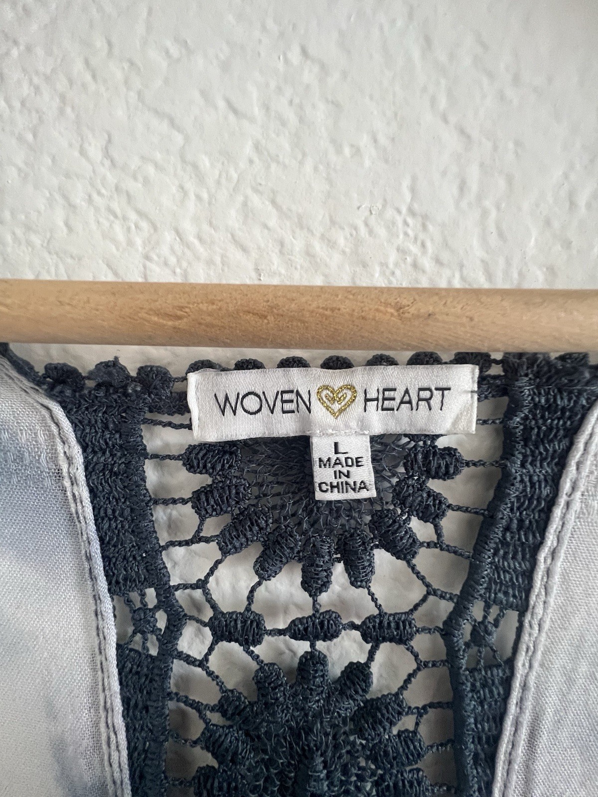 Woven Heart Tie-Dye Open Front Kimono Top Crochet Lace Fringe Blue White Pink L