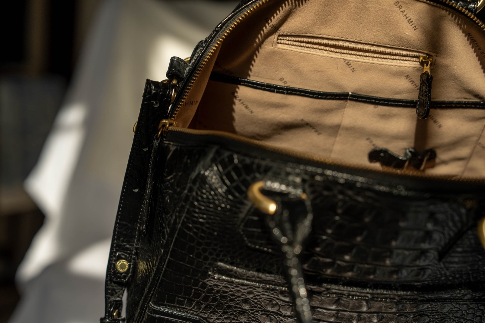 Brahmin Duxbury Satchel Black Melbourne Medium Croc Embossed Leather HandBag