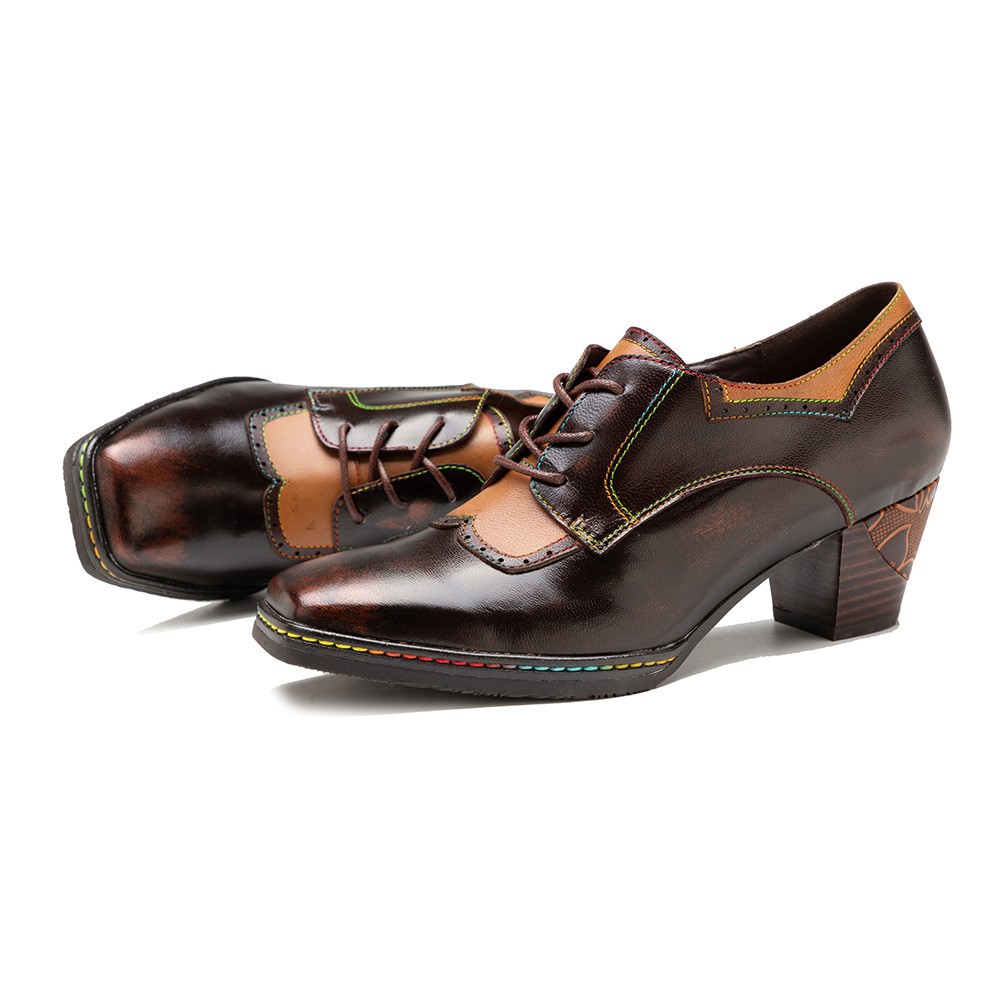 Vintage Spring Summer Ethnic Block Heels Women’s Real Leather Splicing Shoes