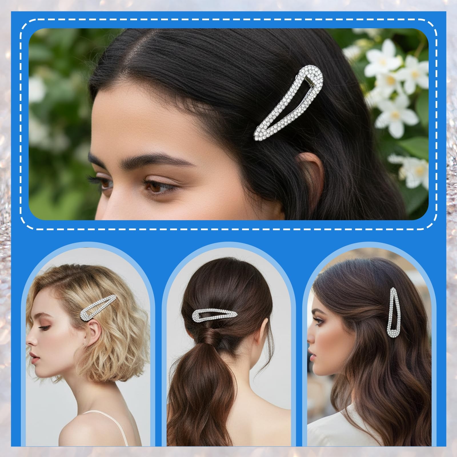 4PCS Rhinestone Hair Clips, Snap Barrettes for Women, Water Drop Crystal Hair…