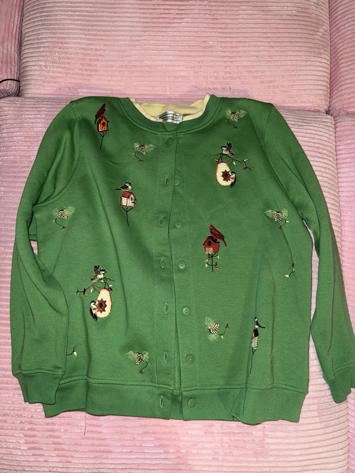 Shenanigans Green Embroidered Bird Button-Front Fleece Sweatshirt Womens S