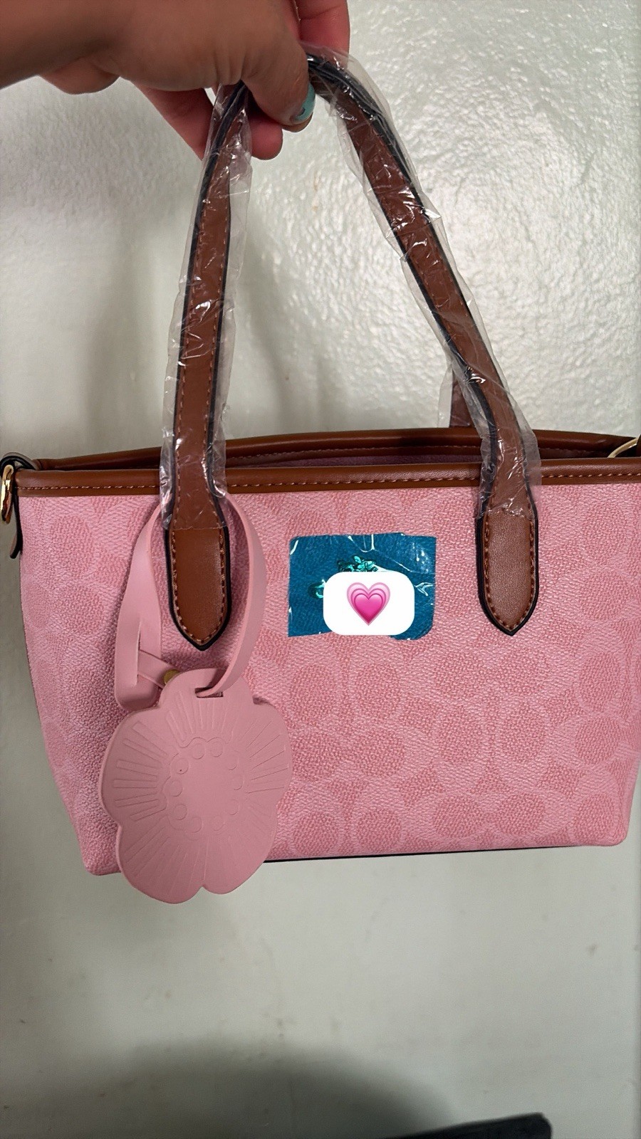 Pink Logo Small Satchel Handbag, Zip-Around, Brown Double Handles, Apple Charm